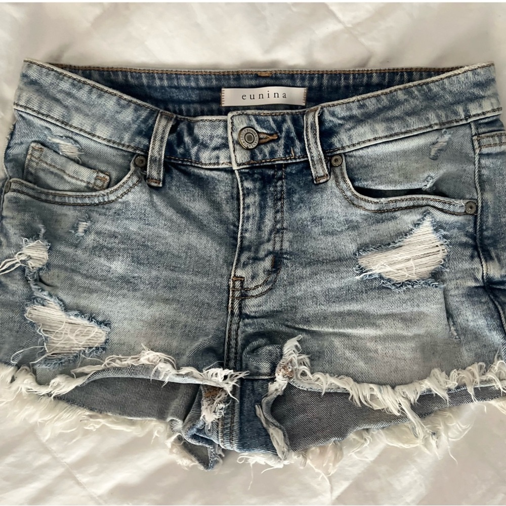 Blue Distressed Jean Shorts with Frayed Hem